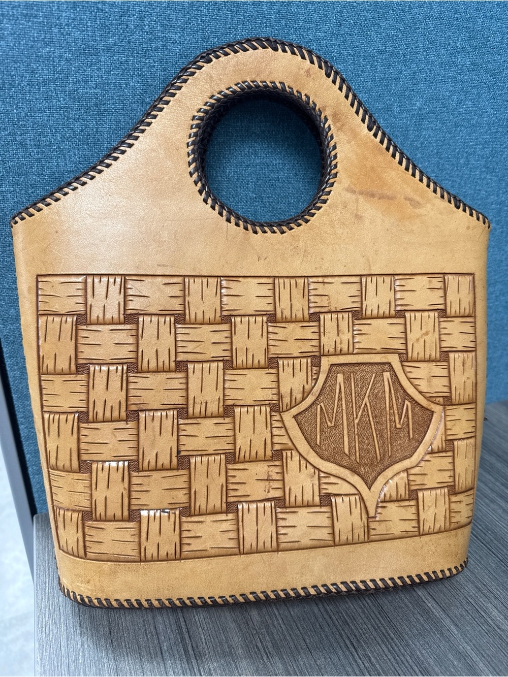 Vintage Basketweave Tooled Leather Handbag MKM Monogram Rustic Ring Handles